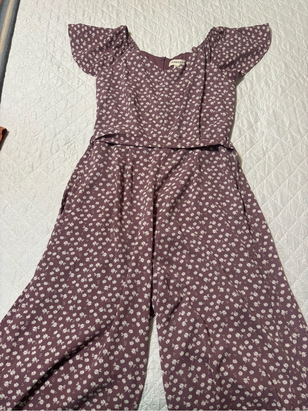 Monteau Mauve Floral Short-Sleeve Jumpsuit